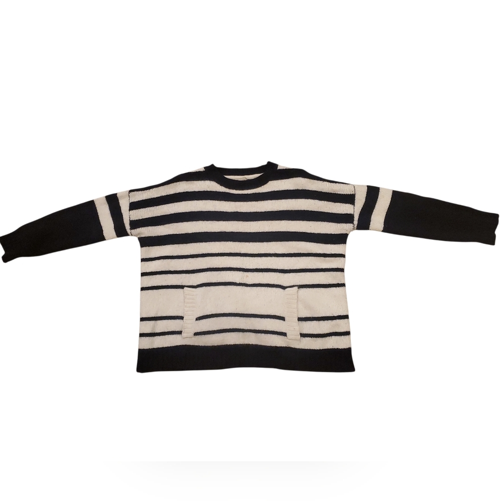 Joan Vass Black and White Striped Boxy Crewneck Wool Blend Sweater Size M Medium